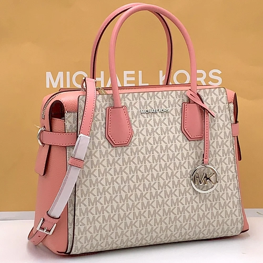 MICHAEL KORS MERCER MEDIUM TOP ZIP BELTED SATCHEL PRIMROSE MULTI SIGNATURE